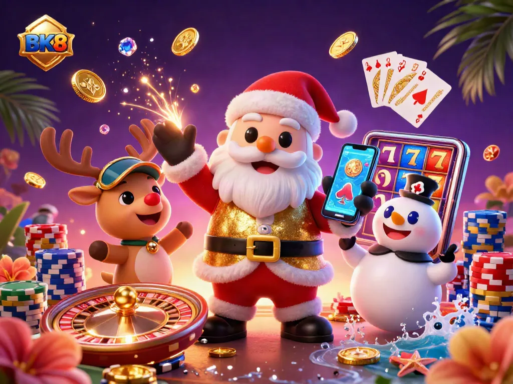 Join the excitement of BK8 as Santa Claus and friends celebrate jackpot wins in a vibrant casino scene.