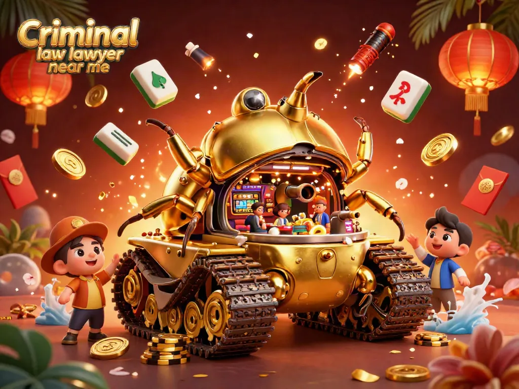 Experience an exciting scene with tiny patrons inside a golden beetle tank casino, reflecting "criminal law lawyer near me".