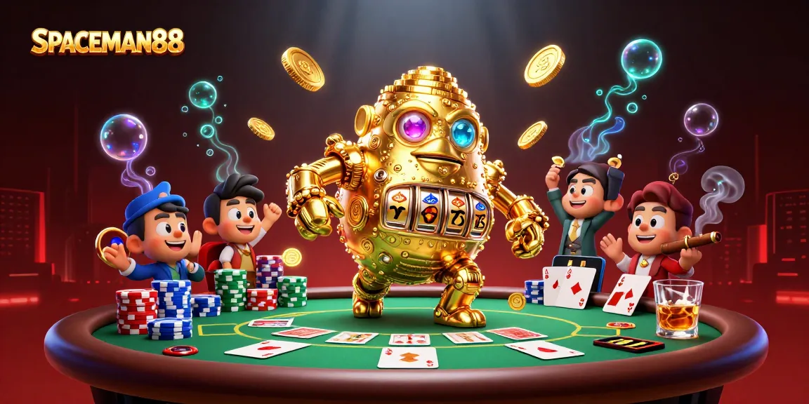 Experience SPACEMAN88 with a vibrant casino scene featuring a golden golem and dynamic game elements