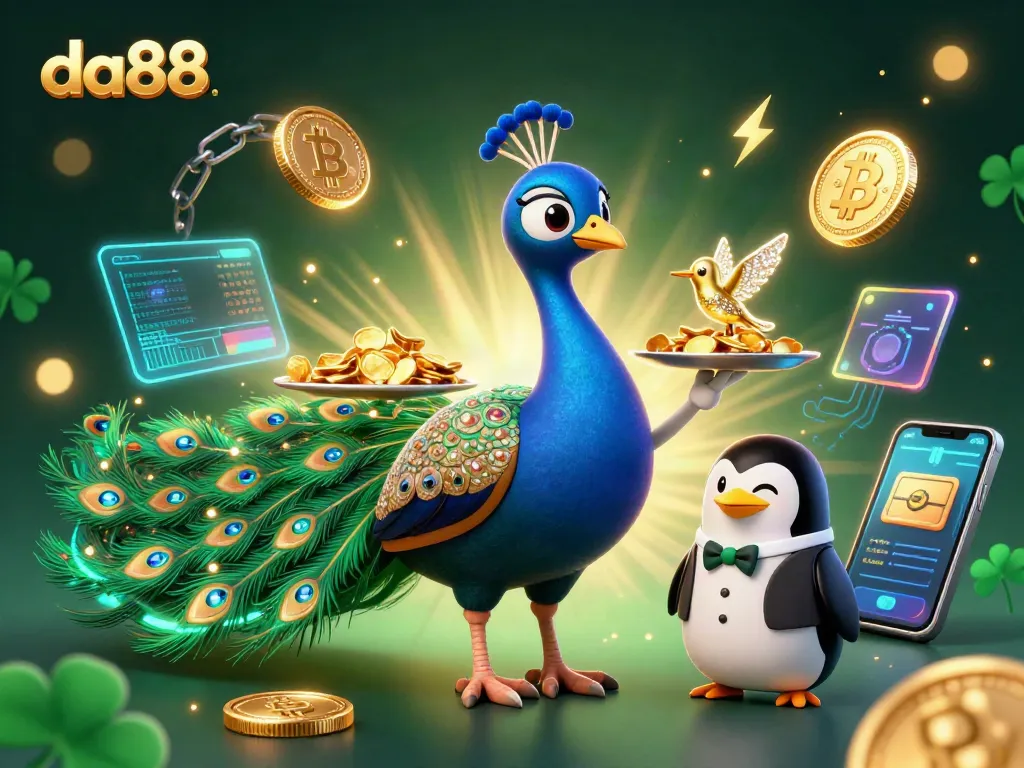 Experience the excitement of da88 with a royal peacock and charming characters in a vibrant casino scene.
