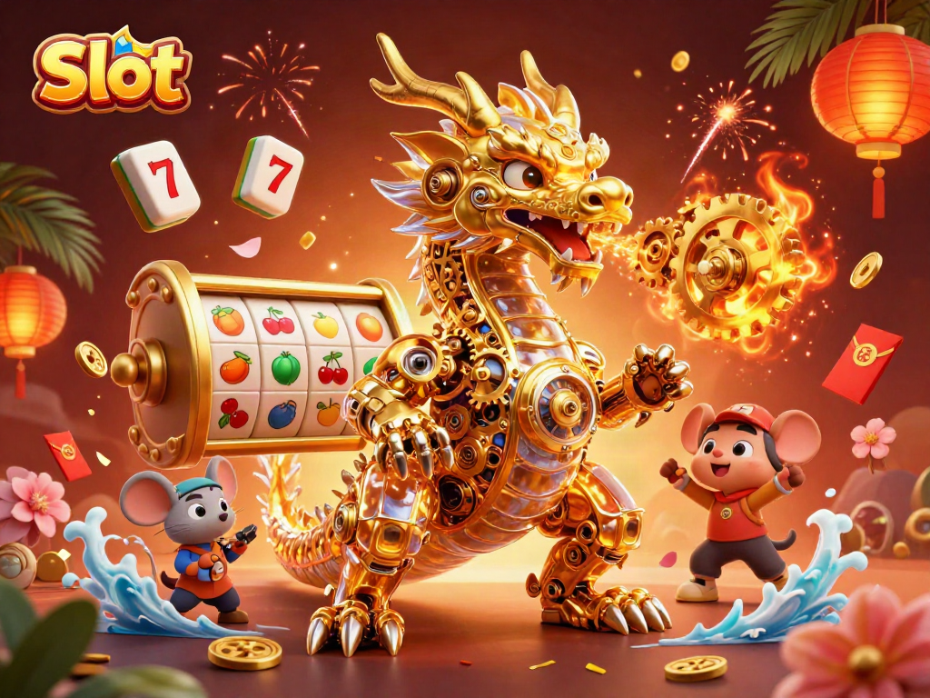 Engage in thrilling Slot action with the golden dragon surrounded by vibrant game elements.