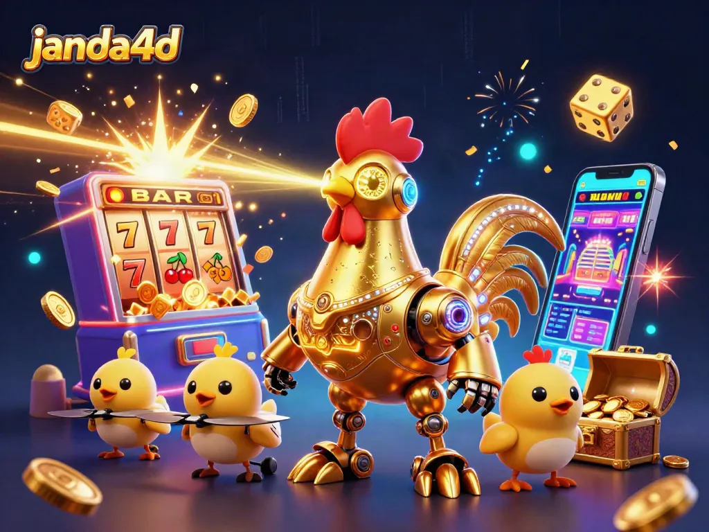 Menangkan peluang bermain di janda4d, dengan mesin slot dan simbol jackpot berkilauan.