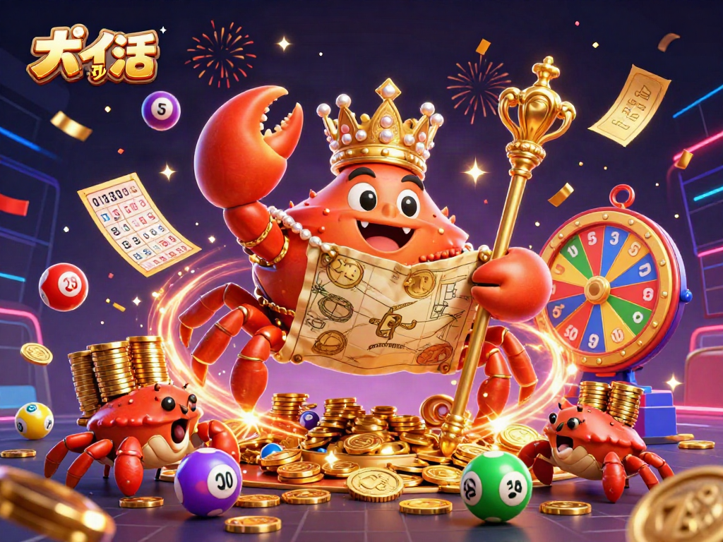 Engage in the ポイ活 アプリ excitement with vibrant lottery balls, golden tickets, and a crab emperor holding treasures in celebration.