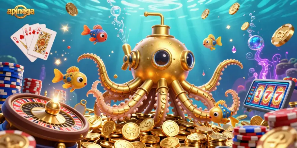 Experience thrilling wins with apinaga in this vibrant 3D casino scene showcasing slot games and jackpots.