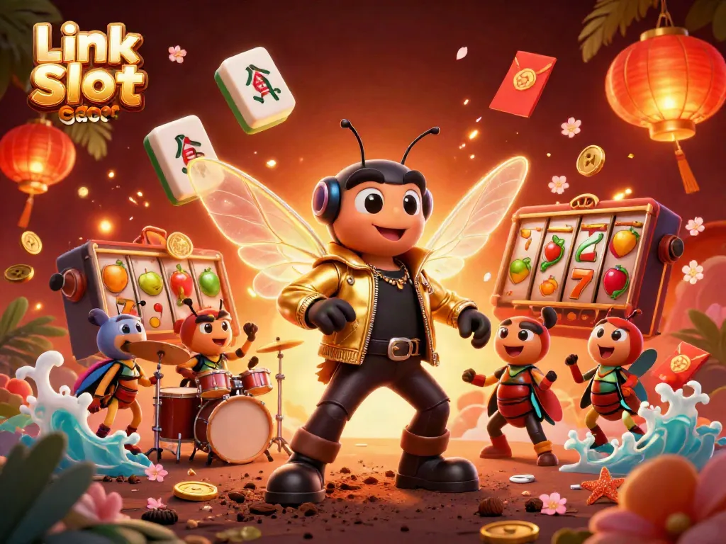 Ilustrasi Link Slot Gacor yang menggambarkan karakter cicada rock star 3D dengan simbol slot berwarna-warni.