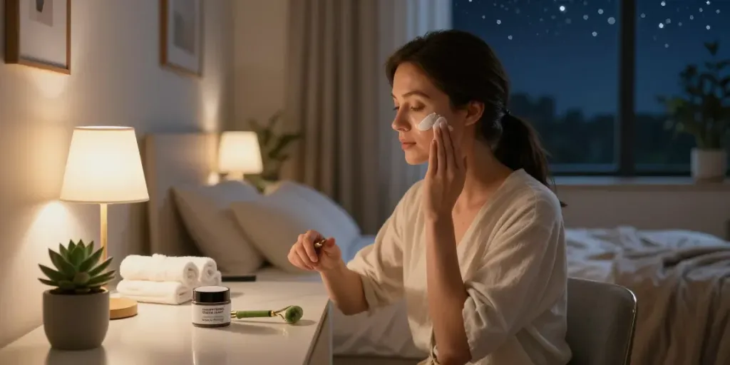 Woman applying restore cream at a cozy vanity in a serene bedroom.