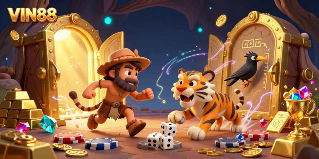 Experience exciting gameplay at VIN88 with a vibrant prehistoric casino illustration showcasing unique characters and treasures.