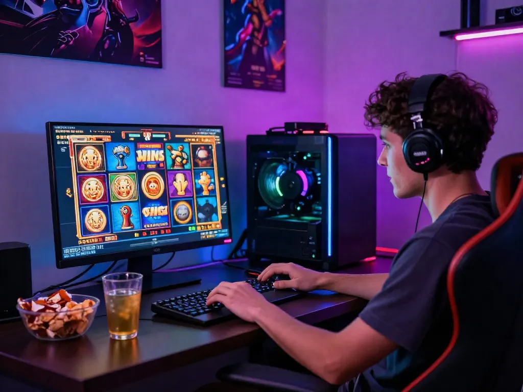 Player engaged in an exciting slot game on a laptop in a colorful gaming setup.