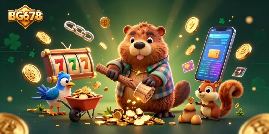 Experience excitement with BG678's playful 3D cartoon scene featuring a beaver, bird, and squirrel in lively casino action.