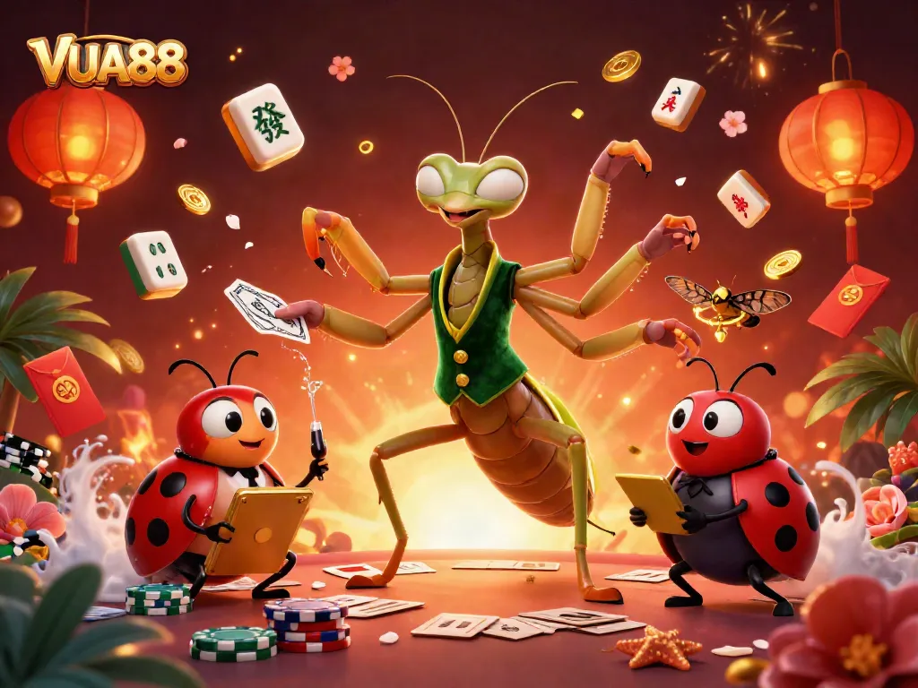 Engage in thrilling VUA88 casino action with a vibrant 3D scene of a mantis dealer and ladybug pit boss.