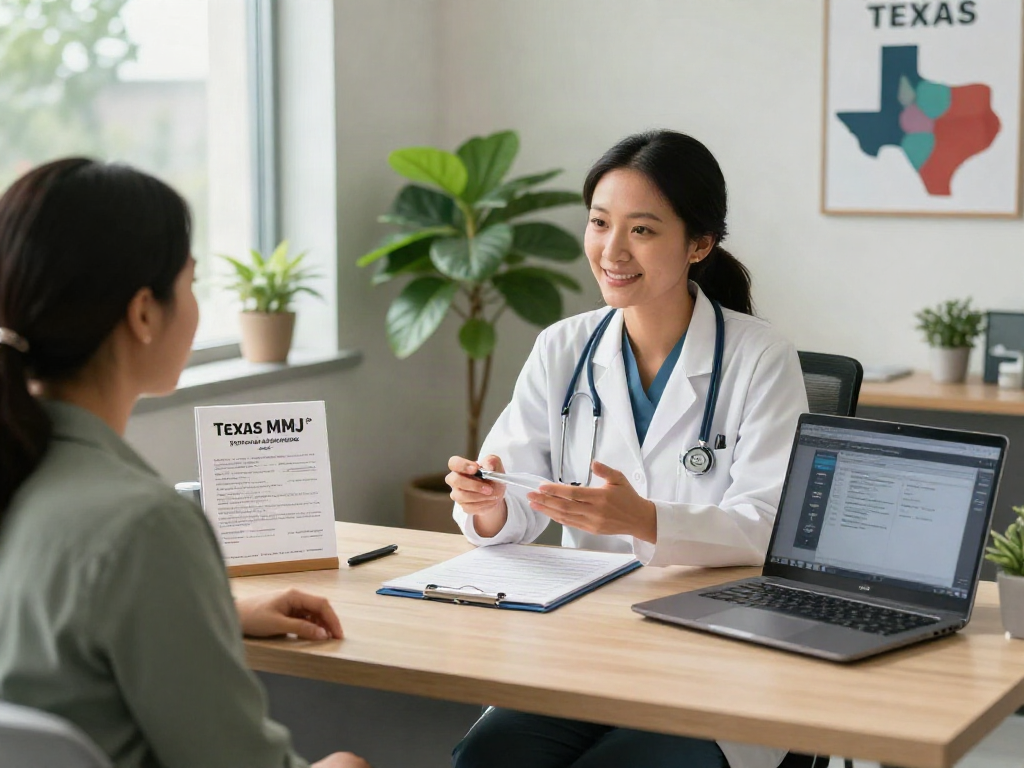 Healthcare professional advising a patient on Texas MMJ card benefits in a welcoming clinic.