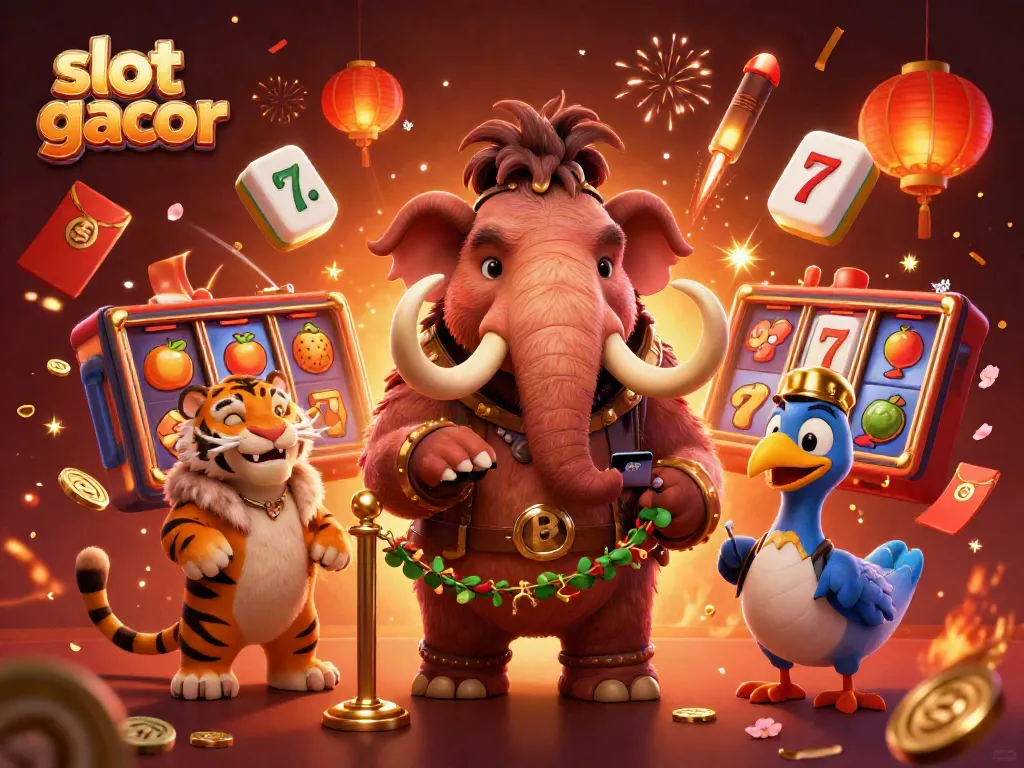 Gambaran slot gacor yang menarik dengan karakter mamut mengawasi para pengunjung di kasino.