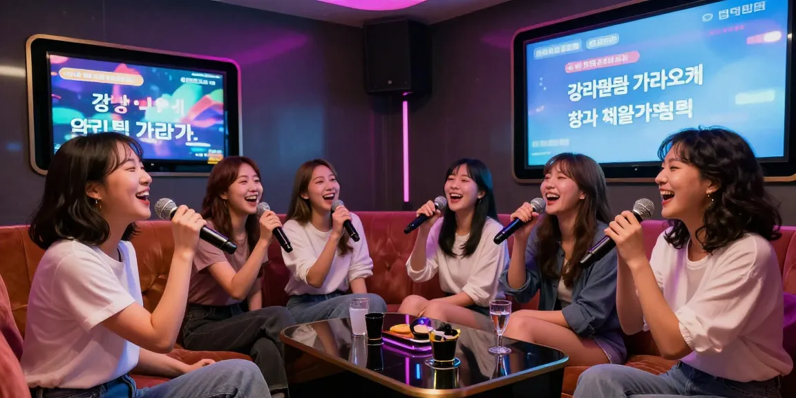 Group singing at 강남 엘리트 가라오케, vibrant atmosphere with colorful lights and microphones