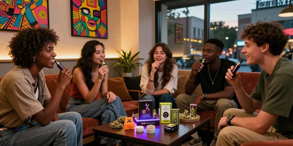 Group of friends enjoying THC vape products including hash sieb in a stylish lounge with vibrant decor.