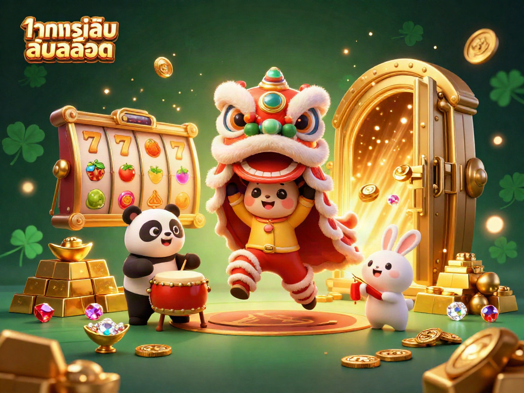Engage in ทดลองเล่นสล็อต with vibrant characters amidst slot reels and golden treasures in an exciting 3D illustration.