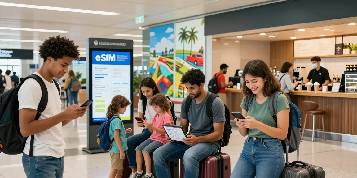 Discover exclusive قسائم eSIM (qasa’im eSIM) deals at a busy airport with travelers exploring their connectivity options.