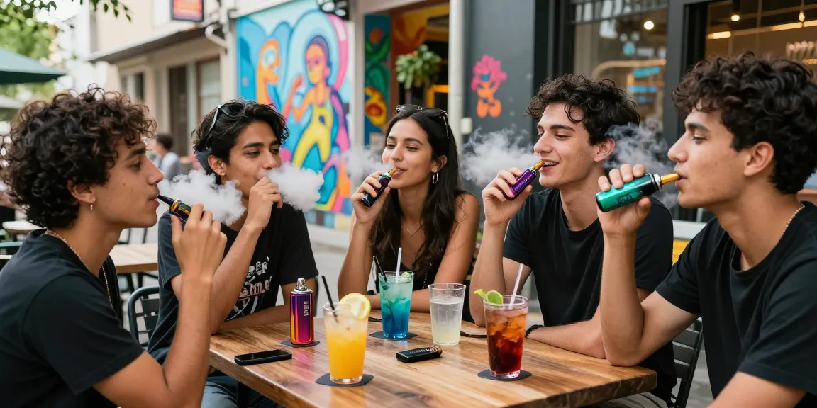 Genieße die Vielfalt der Al Fakher Vapes mit Freunden in einem lebhaften urbanen Café.