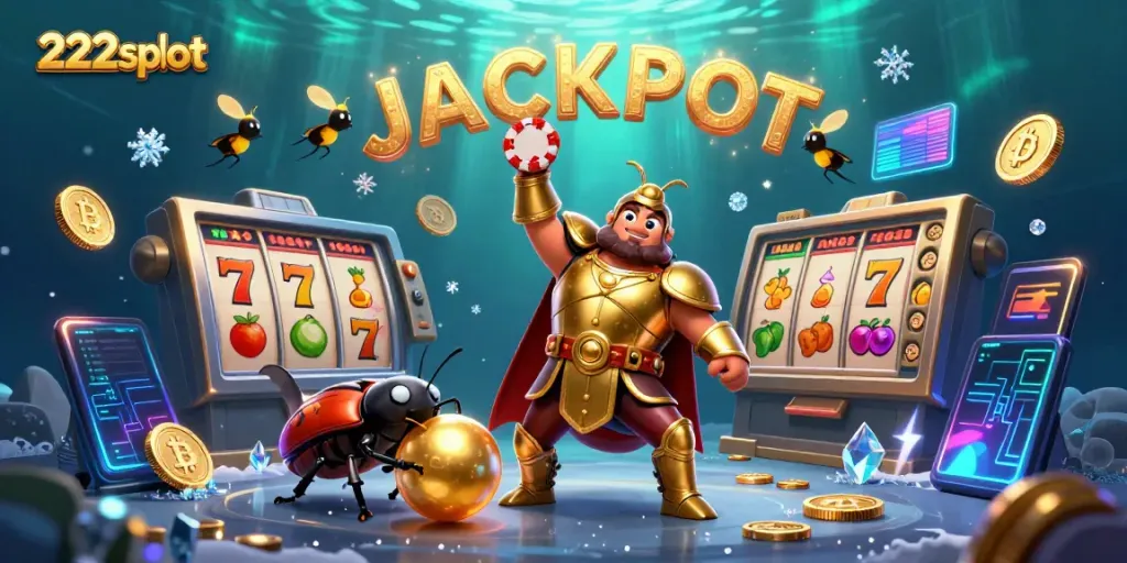Memenangkan jackpot dengan 222slot, ilustrasi 3D menarik dengan karakter unik dan simbol permainan.