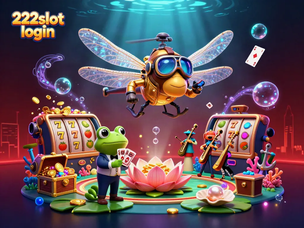 Visualisasi fantastis 222slot login dengan slot dan croupier kodok, sempurna untuk para pemain judi.