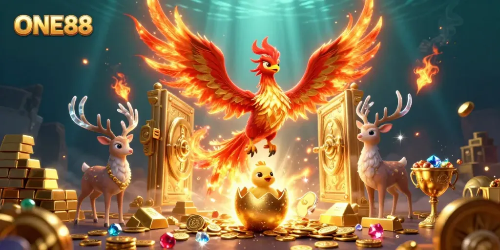 Engage with the ONE88 casino experience featuring a vibrant fire phoenix, treasures, and magical elements in stunning 3D.
