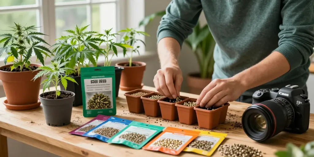 Gardener planting premium cannabis seeds indoors with vibrant seedlings.