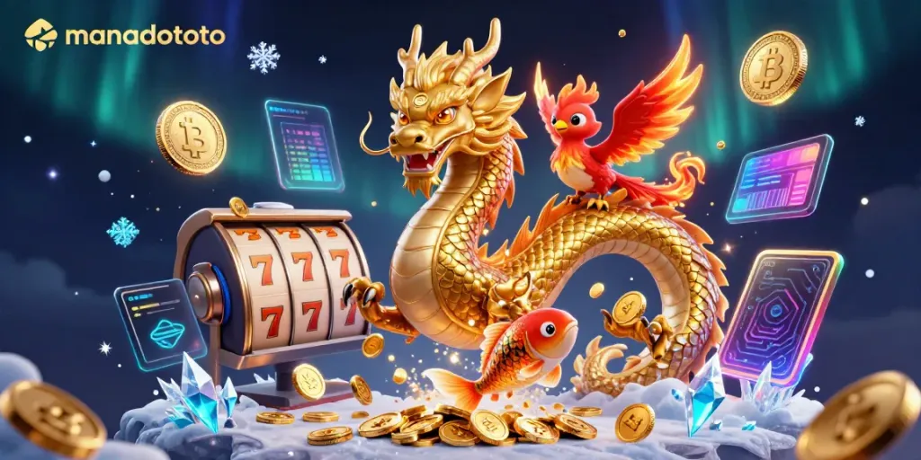 Engage with manadototo's vibrant world of online gaming featuring a dragon, phoenix, and koi fish amidst vibrant slots.
