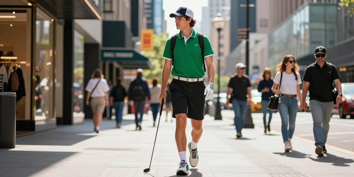 Stylish individual in 골프웨어 레플리카 confidently walking through a vibrant city street, showcasing modern golf fashion.