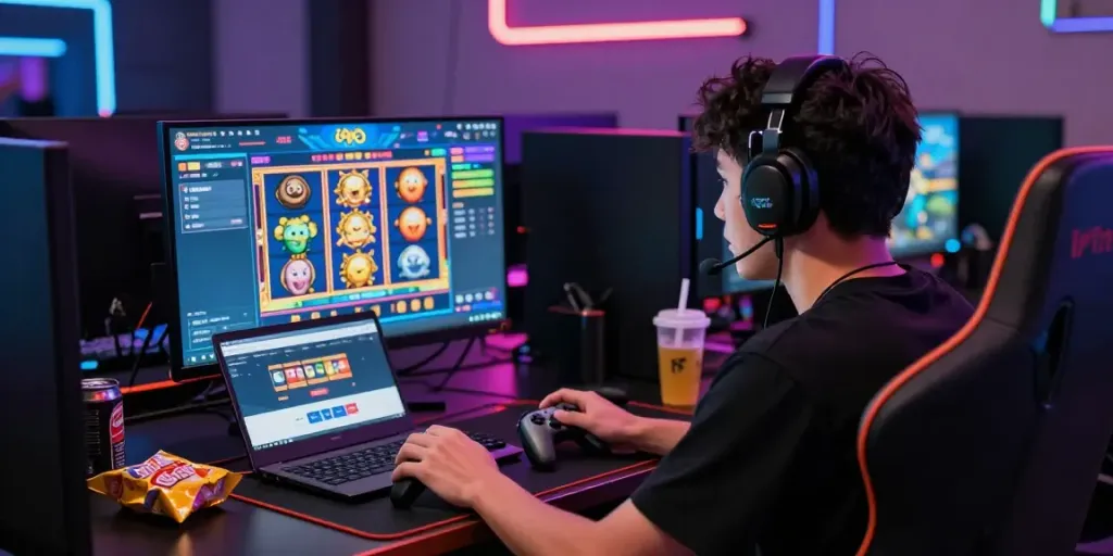 Gamer fokus pada situs jptoto dengan jackpot menarik, suasana gaming modern dan energik.