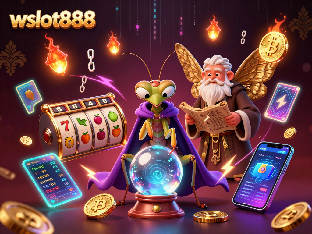 Mainkan wslot888 dengan gaya. Ilustrasi menggambarkan permainan slot menarik dengan elemen pemenang.