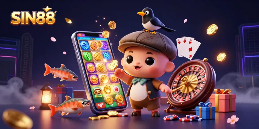 SIN88 brings luck as cartoon Nessie and friends enjoy vibrant slots in a lively casino scene.