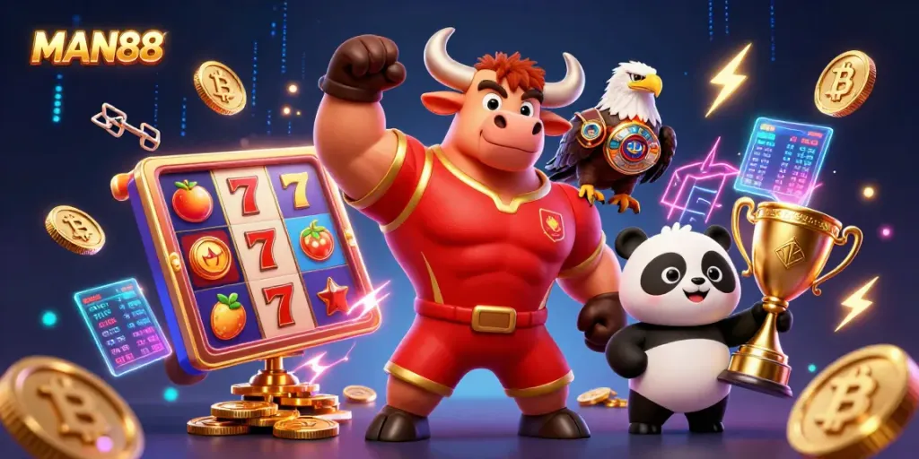 Engage in thrilling casino action with MAN88 as the dynamic bull mascot, eagle, and panda celebrate wins among vibrant slot visuals.