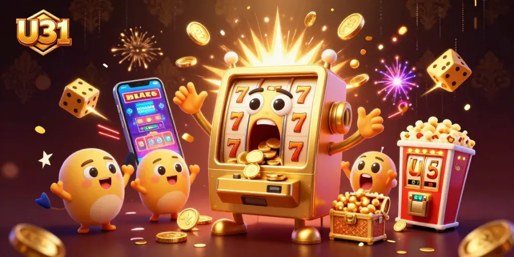 U31 slots celebrate a jackpot win with coins and cheering machines in dynamic casino scene
