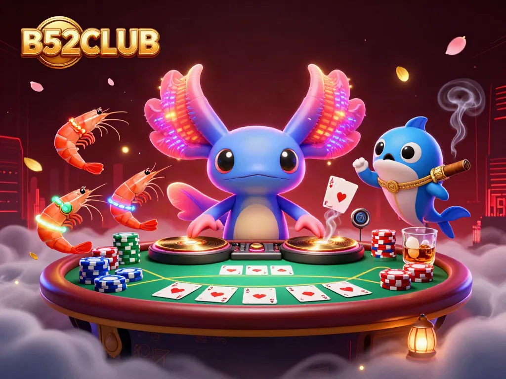 B52CLUB offers vibrant casino excitement with a neon axolotl DJ and dynamic poker action.