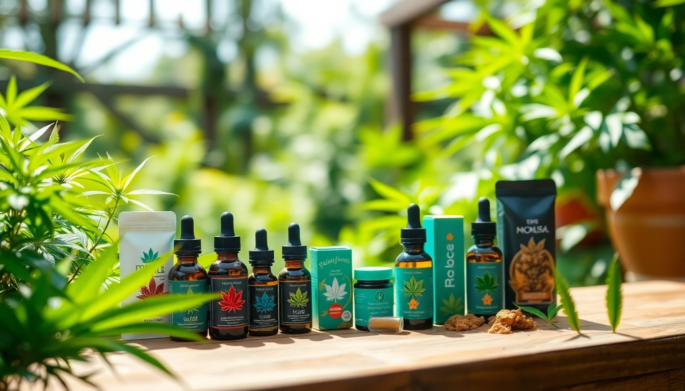Showcase of cannabis products on a weed online website with vibrant greenery.