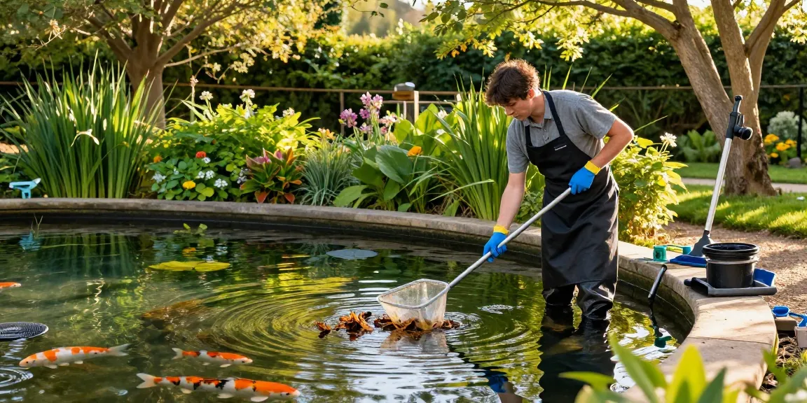 Pond Cleaning Sussex service, professional cleaning a serene garden pond with aquatic plants and koi fish.