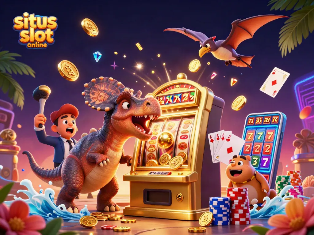 Slot gacor online memicu jackpot dengan pterosaurus mengumpulkan koin emas dalam ilustrasi yang dinamis.