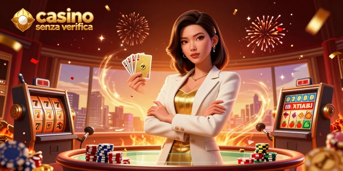 Scena coinvolgente che mostra casino senza verifica con un'elegante donna d'affari asiatica e elementi di gioco vivaci.
