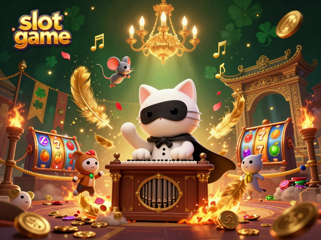 Engage with this exciting slot game scene, featuring a mystical cat and vibrant casino elements.