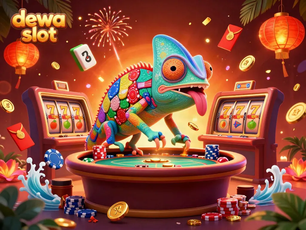 Dewa slot menghadirkan suasana casino dengan chameleon kartun yang dinamis dan elemen permainan yang meriah.