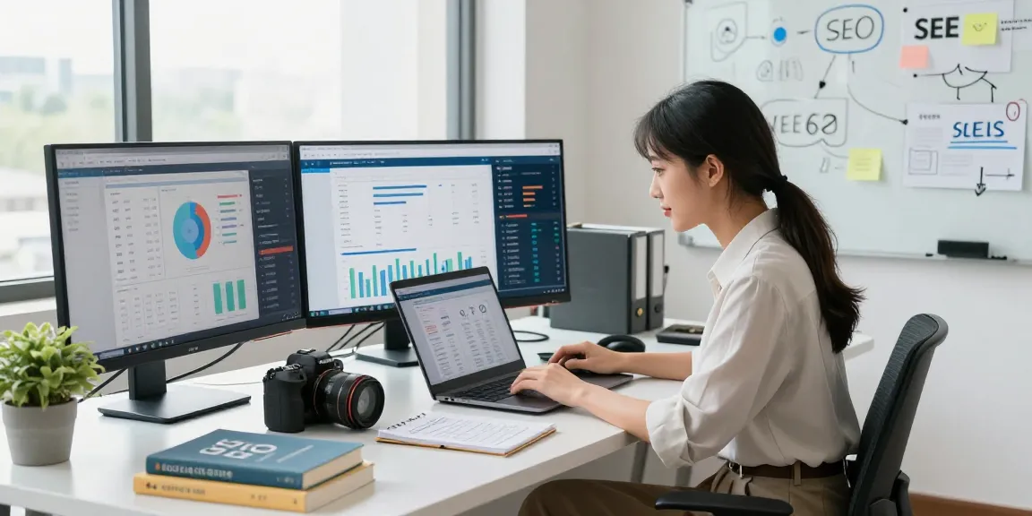 Focused digital marketing professional optimizing best seo services in a vibrant office workspace.