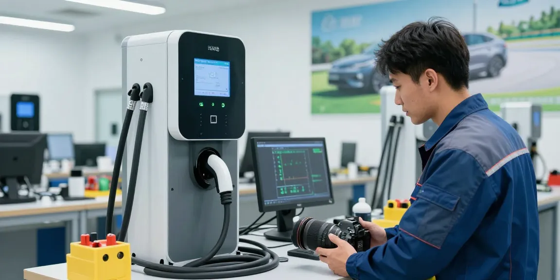 DC fast charger manufacturer technician inspecting advanced EV charger in a workshop.