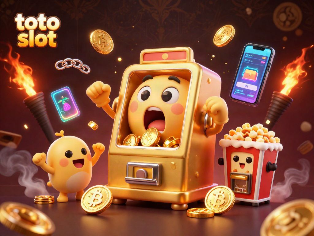 Toto slot machine hits a jackpot with coins pouring out, surrounded by cheering machines and crypto symbols.