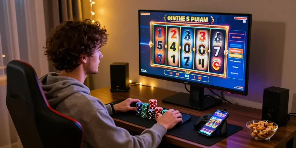 Player enjoying an exciting slot online game at home with casino chips and vibrant LED lighting.