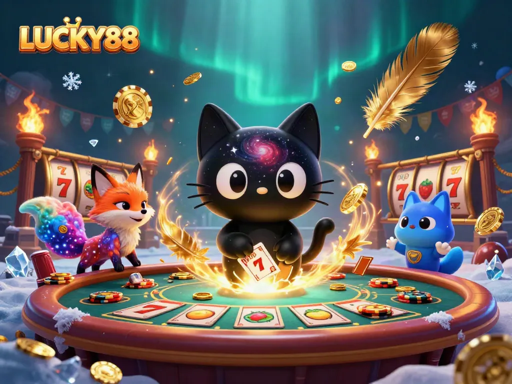 Engage with LUCKY88's vibrant cosmic casino scene featuring an enchanted black hole cat and colorful nebula fox.