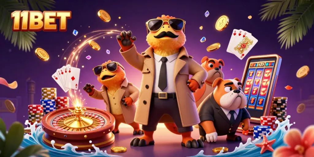 Three raptors disguised as a tall player entering a casino, promoting 11BET with vibrant casino elements.
