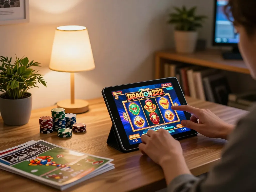 DRAGON222 player enjoying a thrilling slot game on a tablet at home.