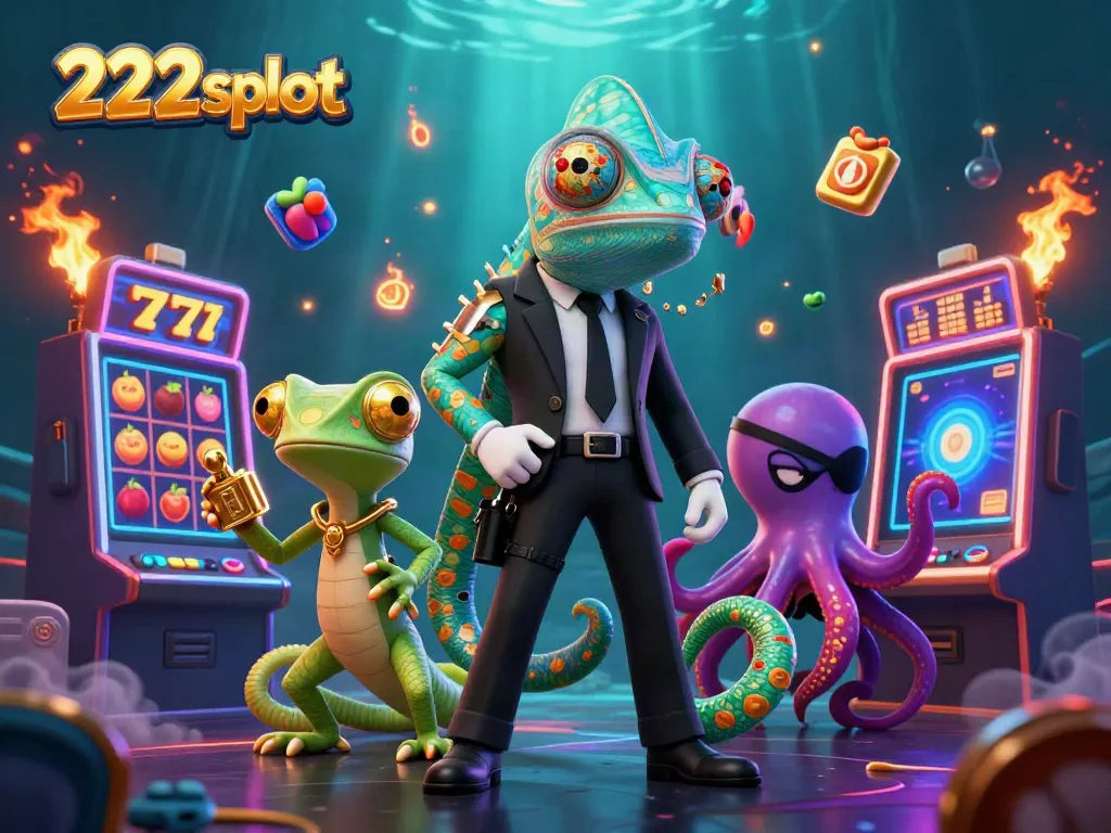 Permainan slot menarik di 222slot menampilkan chameleon agen rahasia dan teman-teman yang berwarna-warni.