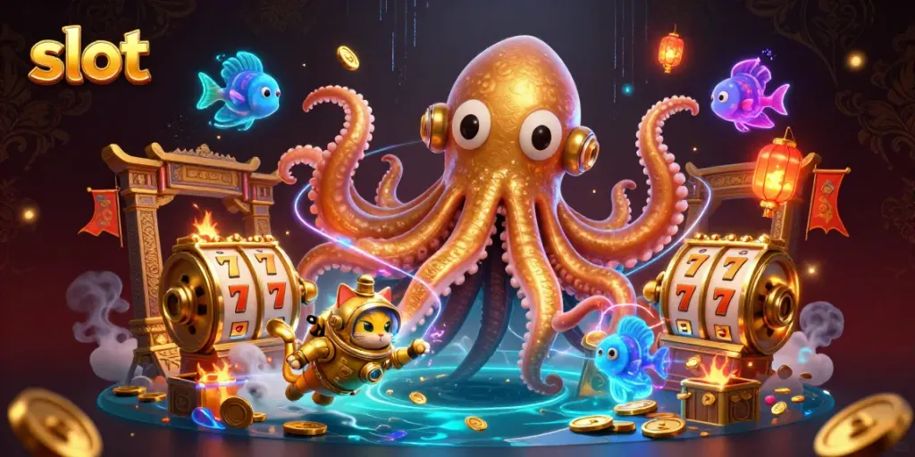 Spin the slot reels with a colossal kraken and diving cat in a treasure-filled scene.