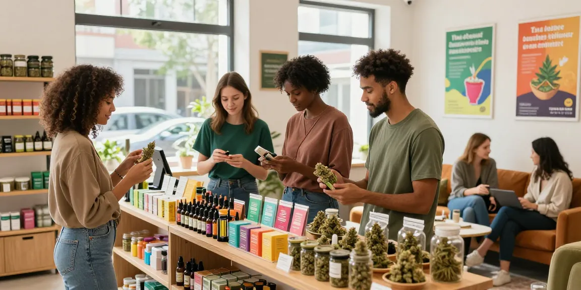 Browsing cannabis products to buy weed online Europe with friends in a vibrant shop.
