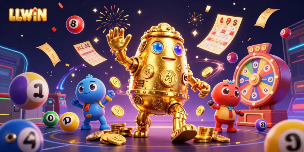 Engage with LLWIN through vibrant 3D casino fun featuring a golden golem and dynamic game elements.